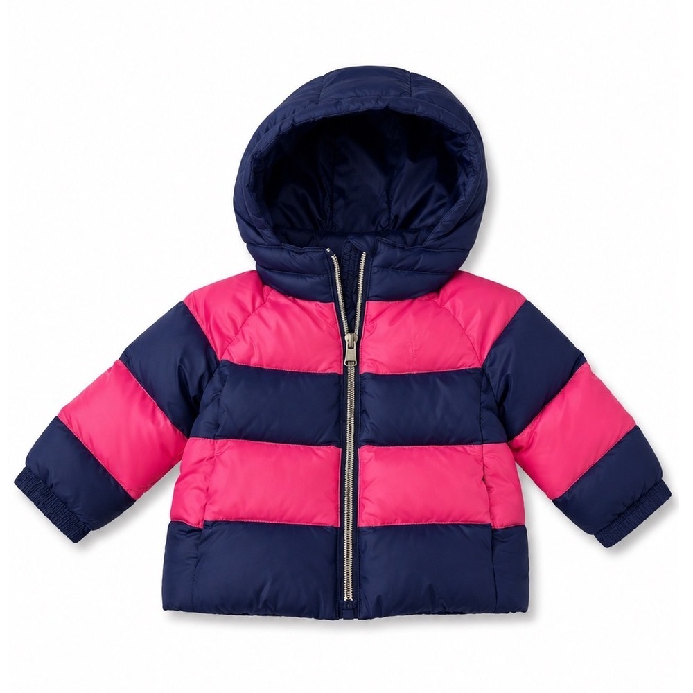 Ralph Lauren Baby Girls 6M Down Puffer Jacket Pink Navy Hooded Colorblock Coat